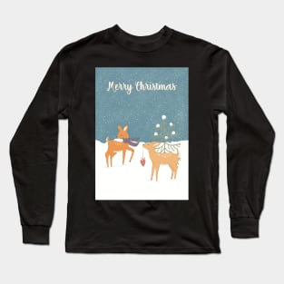 Merry Christmas, two small deer meeting in the snowy night Long Sleeve T-Shirt